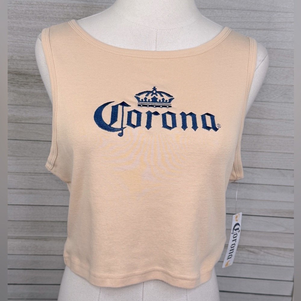 CORONA Women's Cropped Tank Top Embroidered Cream/Blue-Large